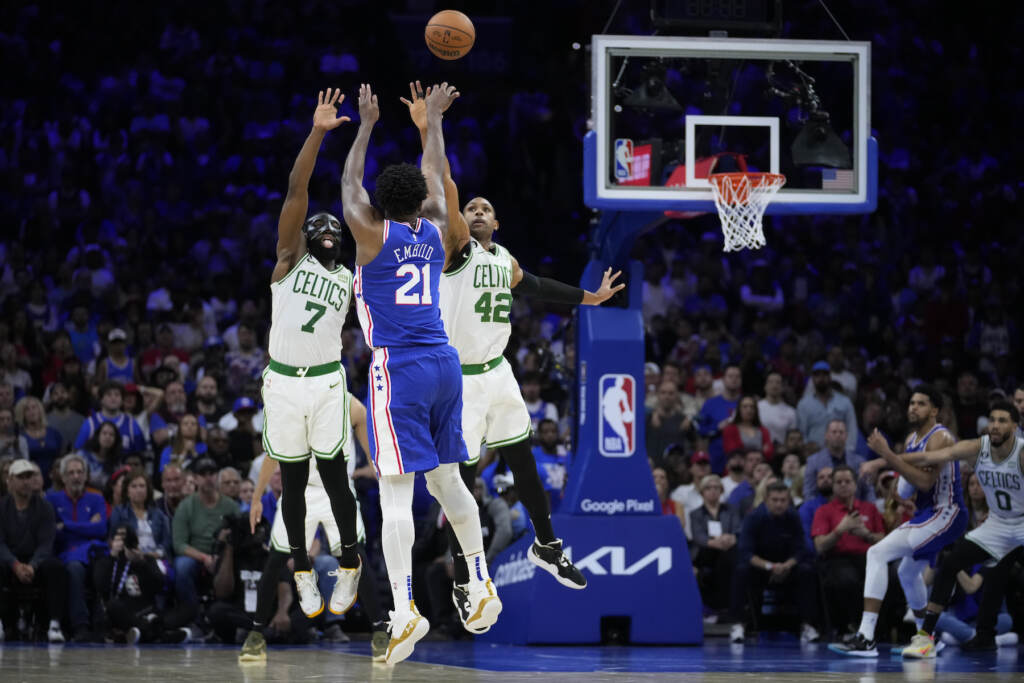 Celtics 76ers Basketball Joel Embiid shooting over 2 defenders.