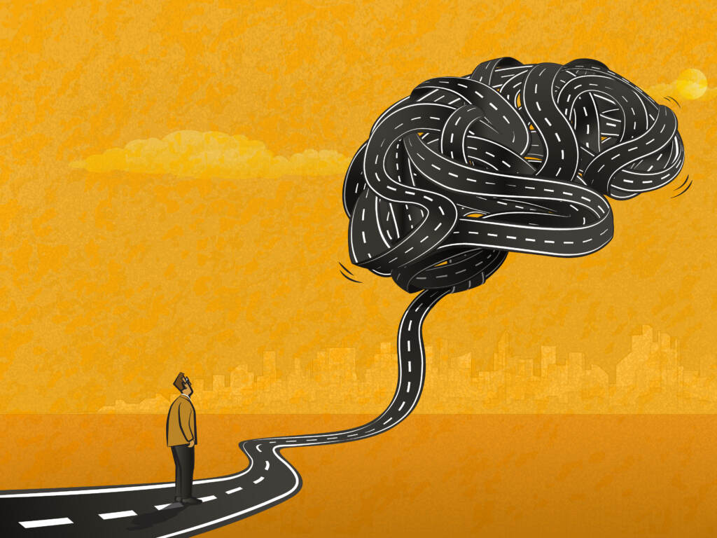 An illustration of a man standing on a road that transfrorms into the shape of a human brain.