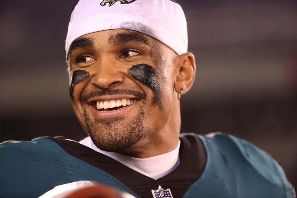 Philadelphia Eagles quarterback Jalen Hurts looks on after the team defeated the Dallas Cowboys on October 16, 2022, in Philadelphia. Philadelphia Eagles quarterback Jalen Hurts looks on after the team defeated the Dallas Cowboys on October 16, 2022, in Philadelphia.