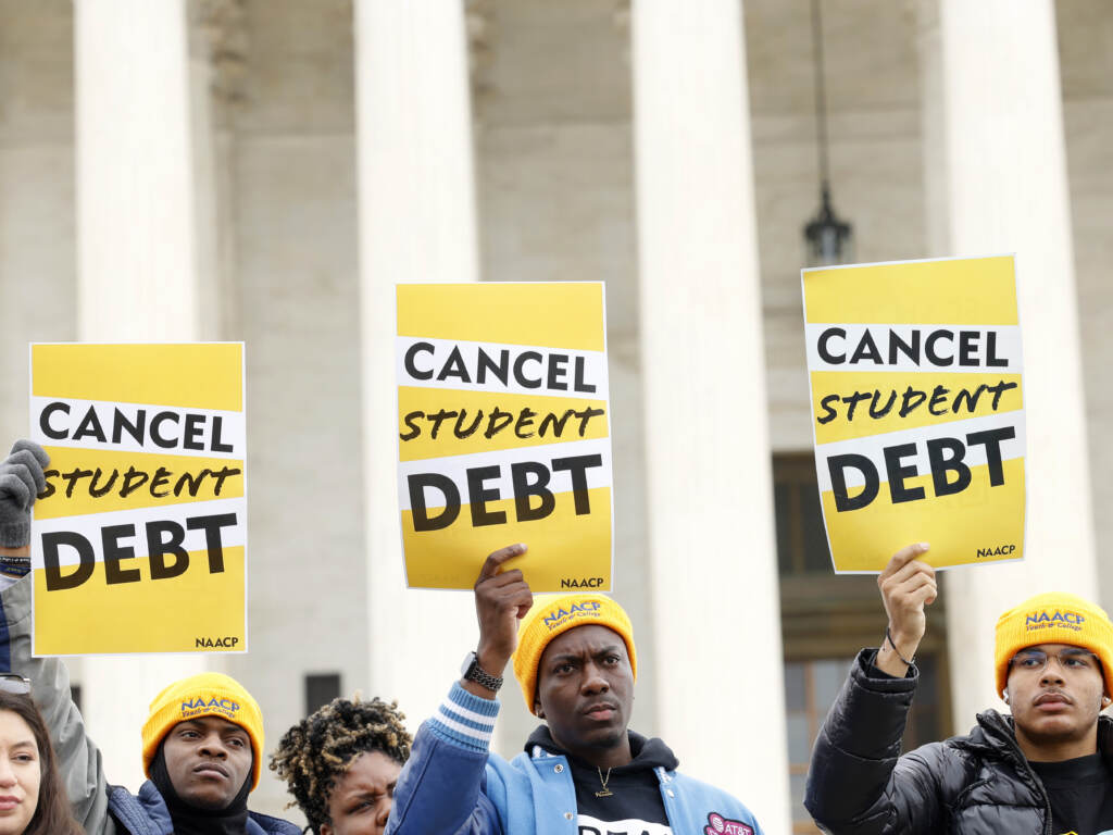 Student loan borrowers gather outside the Supreme Court building in February 2023. The court’s ruling on President Biden’s debt relief plan is expected in June or July. Student loan borrowers gather outside the Supreme Court building in February 2023. The court's ruling on President Biden's debt relief plan is expected in June or July.