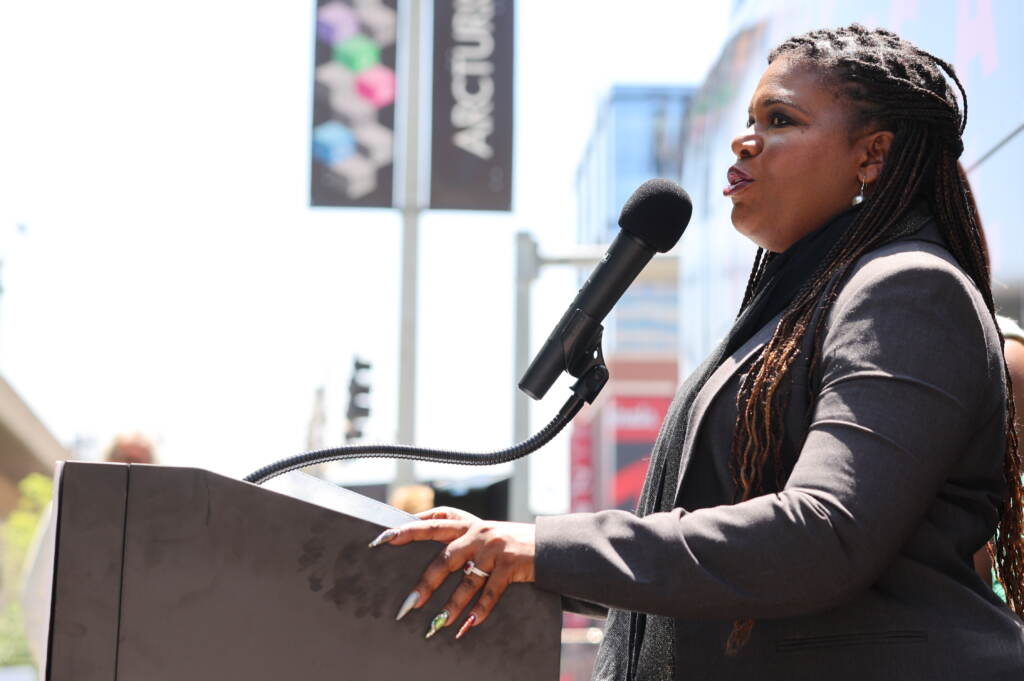 Representative Cori Bush speaks during a press conference held by Just Majority on May 8, 2023 in St Louis, Missouri. Representative Cori Bush speaks during a press conference held by Just Majority on May 8, 2023 in St Louis, Missouri.