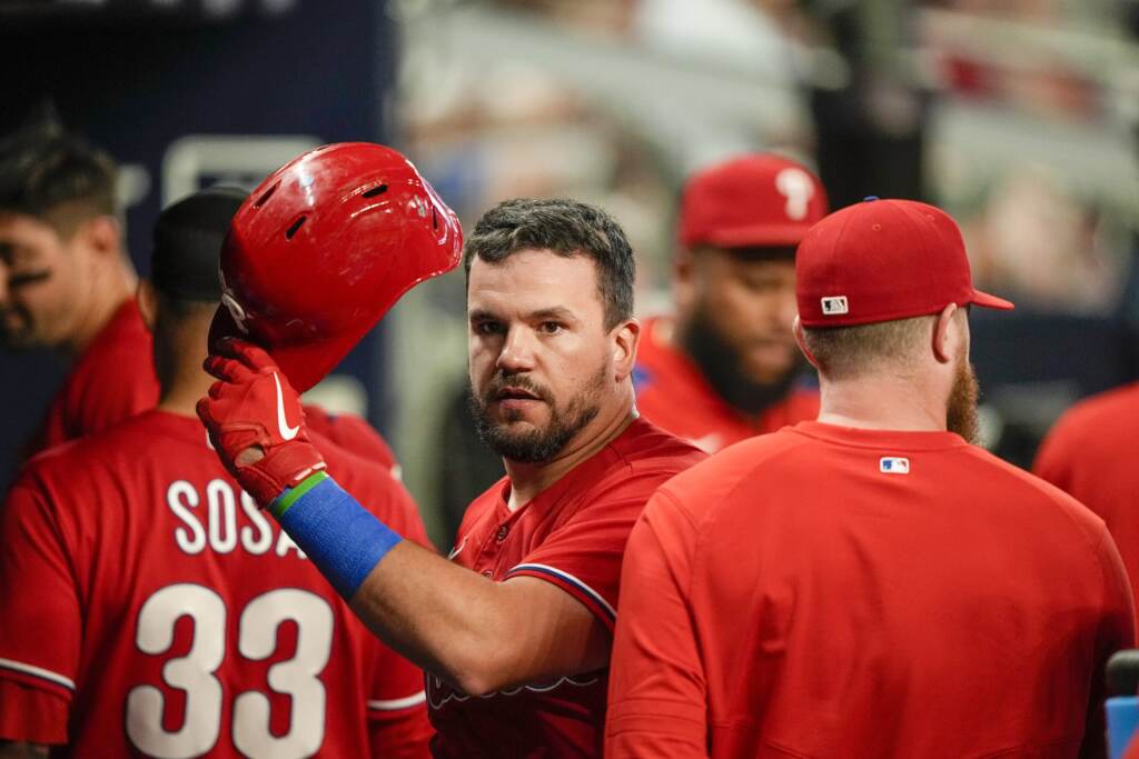 Philadelphia Phillies' Kyle Schwarber celebrates after hitting a two-run homer in the seventh inning of a baseball game against the Atlanta Braves, Sunday, May 28, 2023, in Atlanta