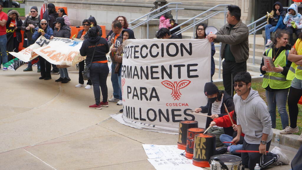 may-day-workers-rally-t-donyea-2023-05-01-1 Migrant workers rally at the N.J. Statehouse for May Day, May 1, 2023. (Tennyson Donyéa/WHYY)