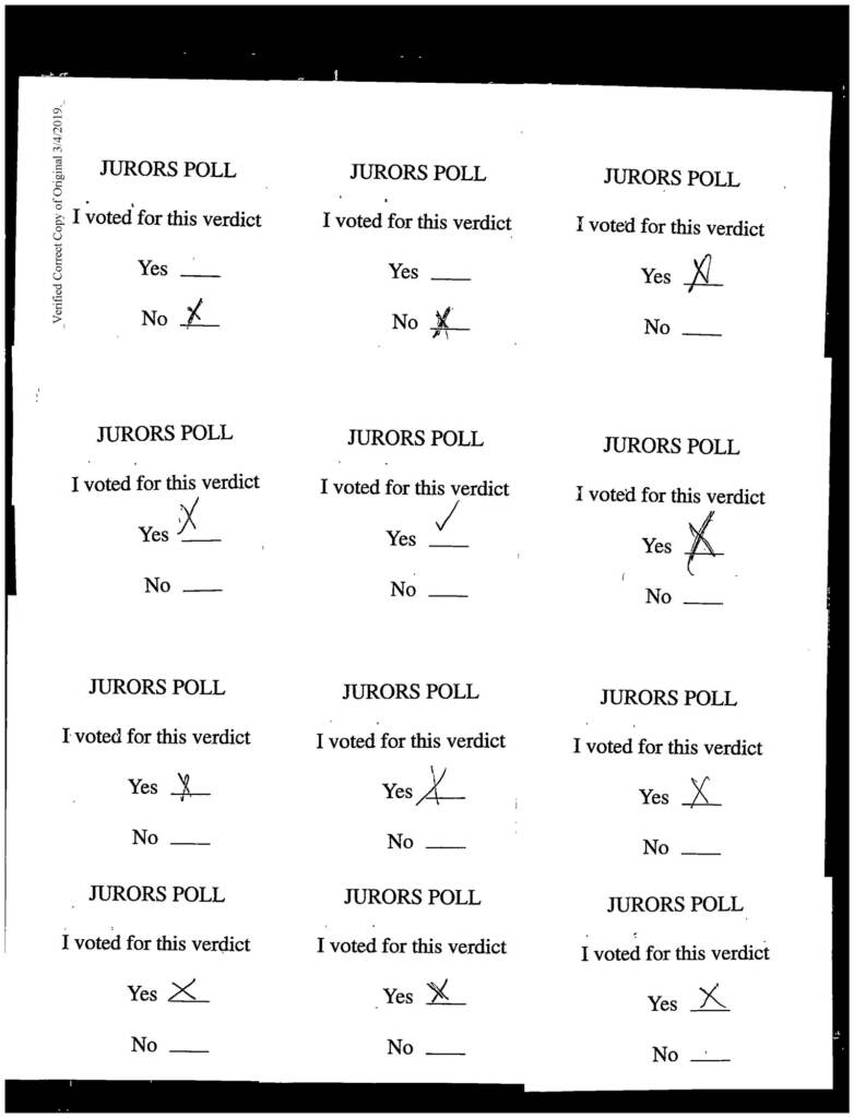A copy of the jury poll in Gillespie's case shows 2 out of the 10 jurors found him not guilty. He was sentenced to 27 years