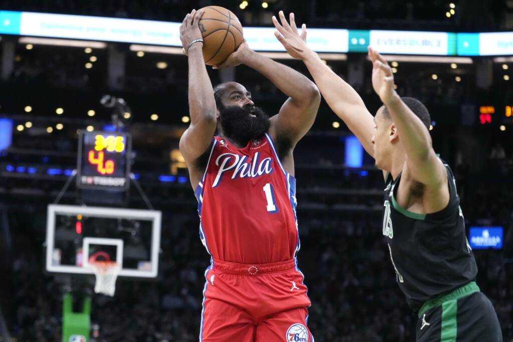 76ers Celtics Basketball James Harden shooting the ball.