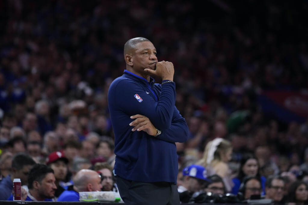 Celtics 76ers Basketball Doc Rivers standing on the sideline during a game.