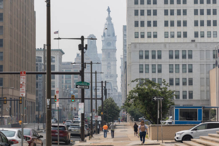 Busy Center City street with City Hall in the background