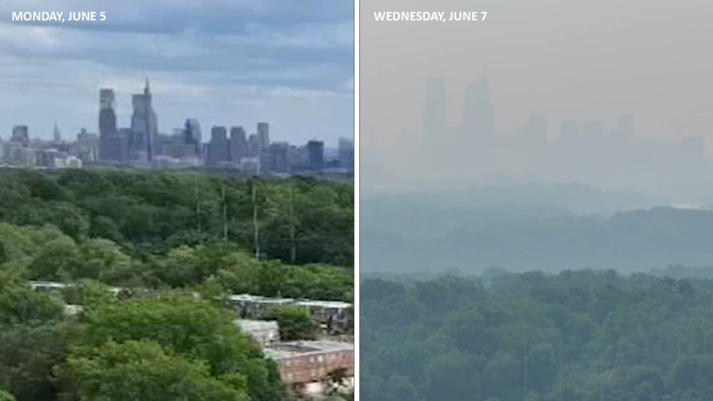 These images from Drone 6 show the Philadelphia skyline on Monday, June 5 and after the smoke from the wildfires in Canada moved in on Wednesday, June 7