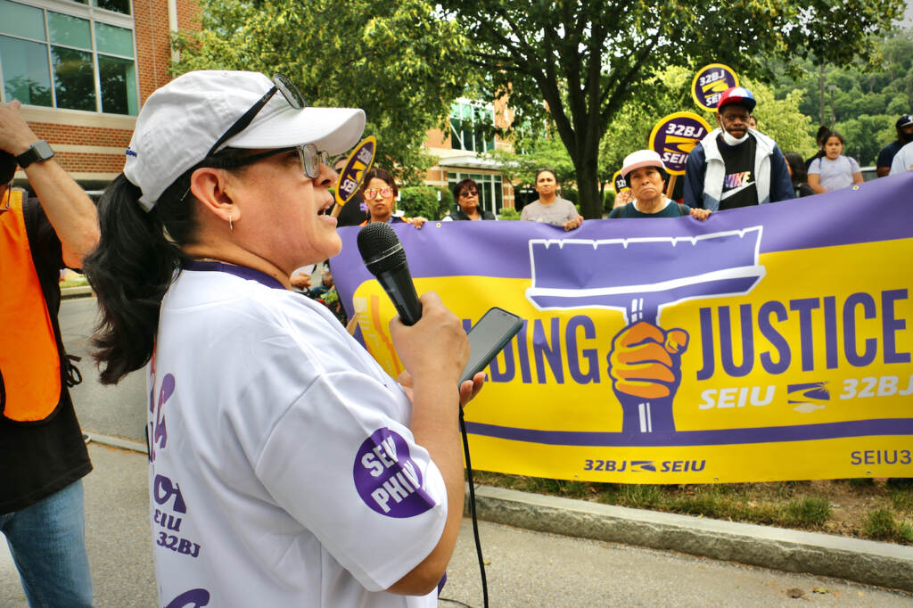 2023 06 15-e lee-cmarcelina lemus-onshohocken-janitorial services workers rally worker Office cleaner Marcelina Lemus of Norristown speaks out against Planned Companies' use of non-union workers at a union rally in Conshohocken. (Emma Lee/WHYY)