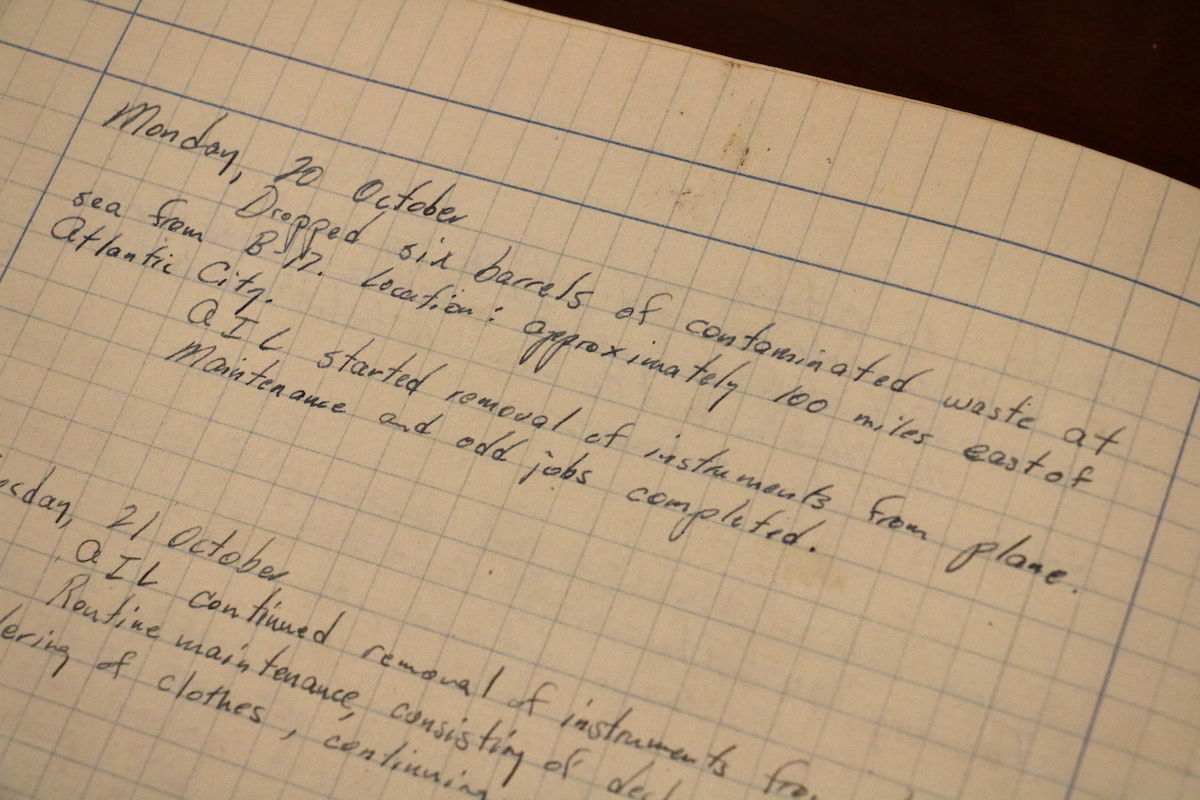 An entry from J. Hartley Bowen's journal notes that six barrels of contaminated waste were dropped into the Atlantic Ocean 100 miles east of Atlantic City on Oct., 20, 1947.. (Emma Lee/WHYY)