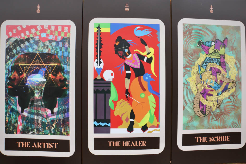 Colorful large tarot cards on the wall