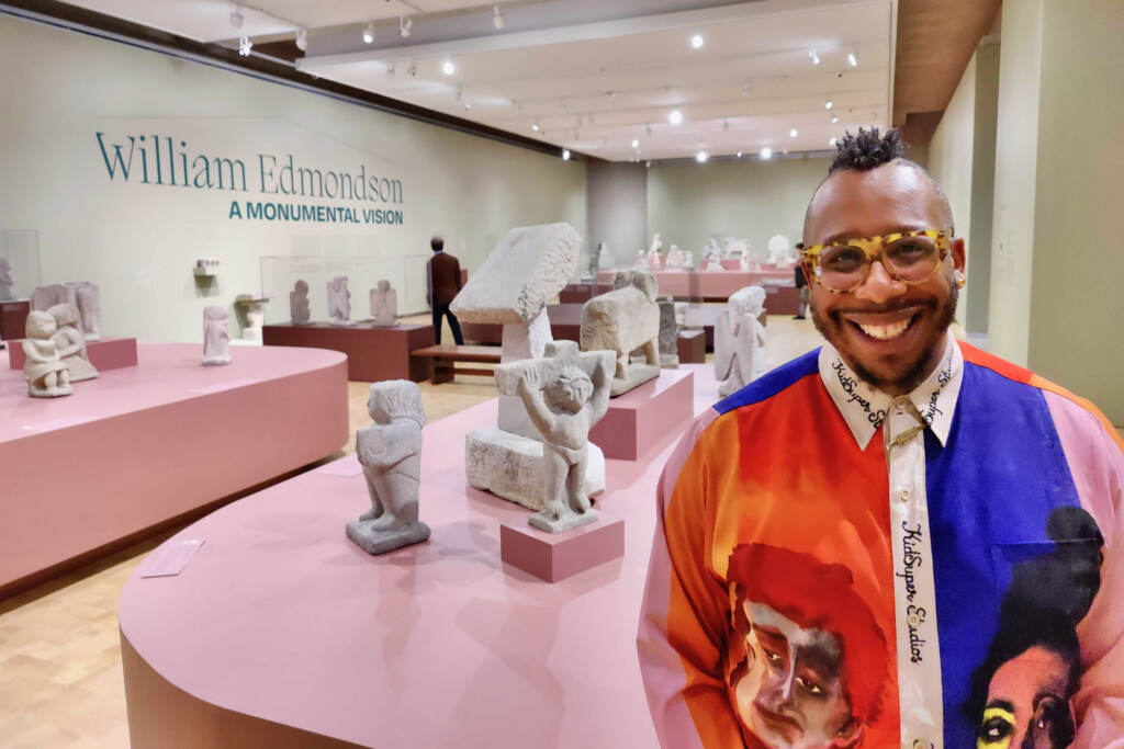 2023 06 23-p crimmins-james claiborne-philadelphia barnes foundation-william edmondson James Claiborne poses in front of the gallery at the Barnes Foundation where William Edmondson's sculptures are displayed.