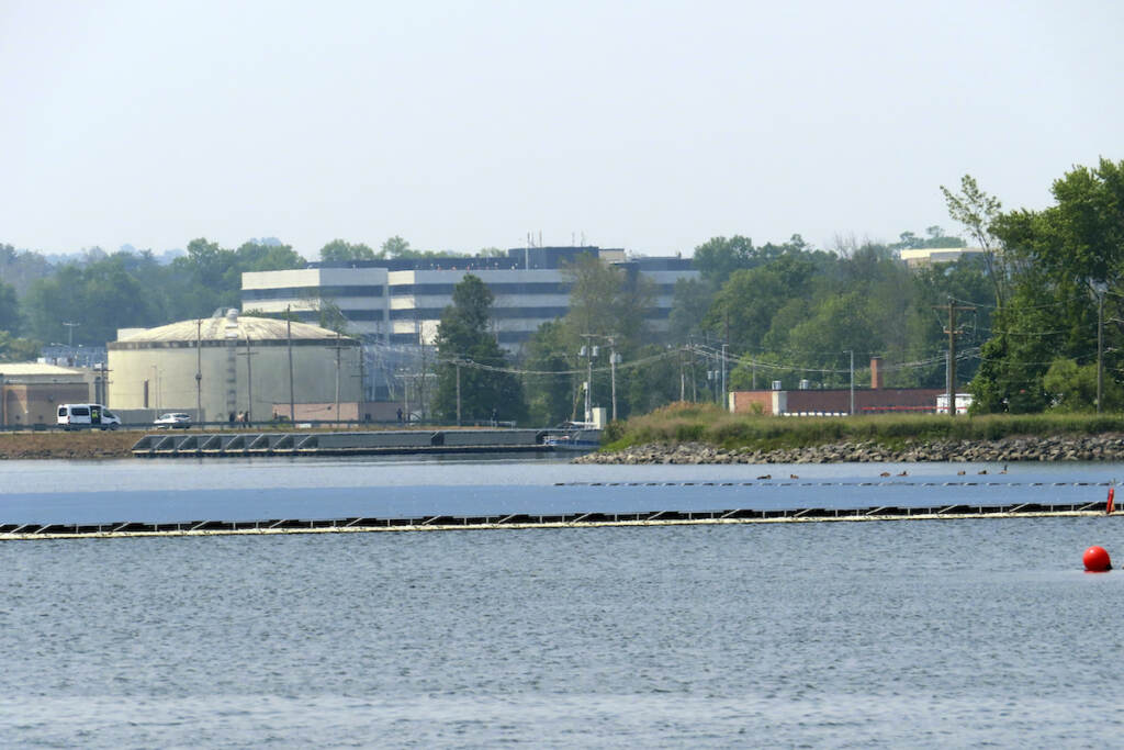 Floating Solar Power Solar panels from a project at a water treatment plant are shown Tuesday, June 6, 2023, in Millburn, N.J., that provides enough electricity to power 95% of the treatment facilities electrical needs