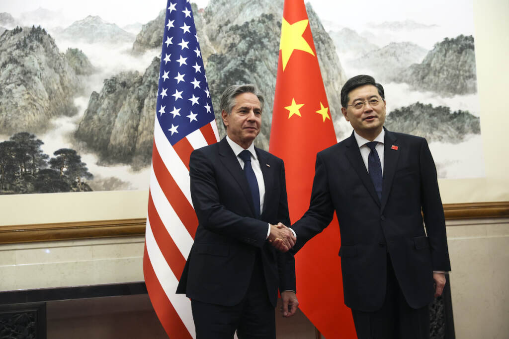 Qin Gang, Antony Blinken U.S. Secretary of State Antony Blinken (left) shakes hands with Chinese Foreign Minister Qin Gang, right, at the Diaoyutai State Guesthouse in Beijing, China, Sunday, June 18, 2023