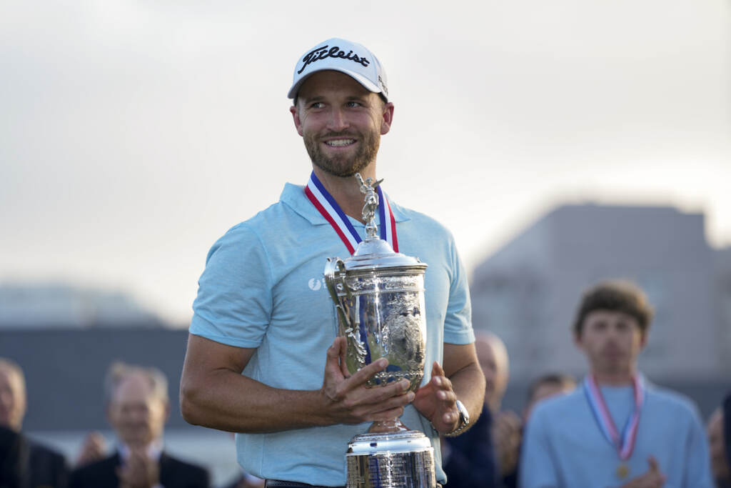 US Open Golf Wyndham Clark holds the holds the trophy after winning the U.S. Open golf tournament at Los Angeles Country Club on Sunday, June 18, 2023, in Los Angeles