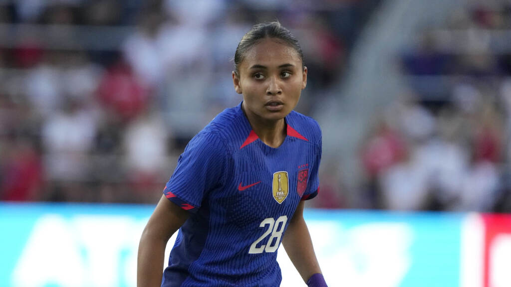 File photo: United States' Alyssa Thompson plays during the first half of an international friendly soccer match against Ireland Tuesday, April 11, 2023, in St. Louis