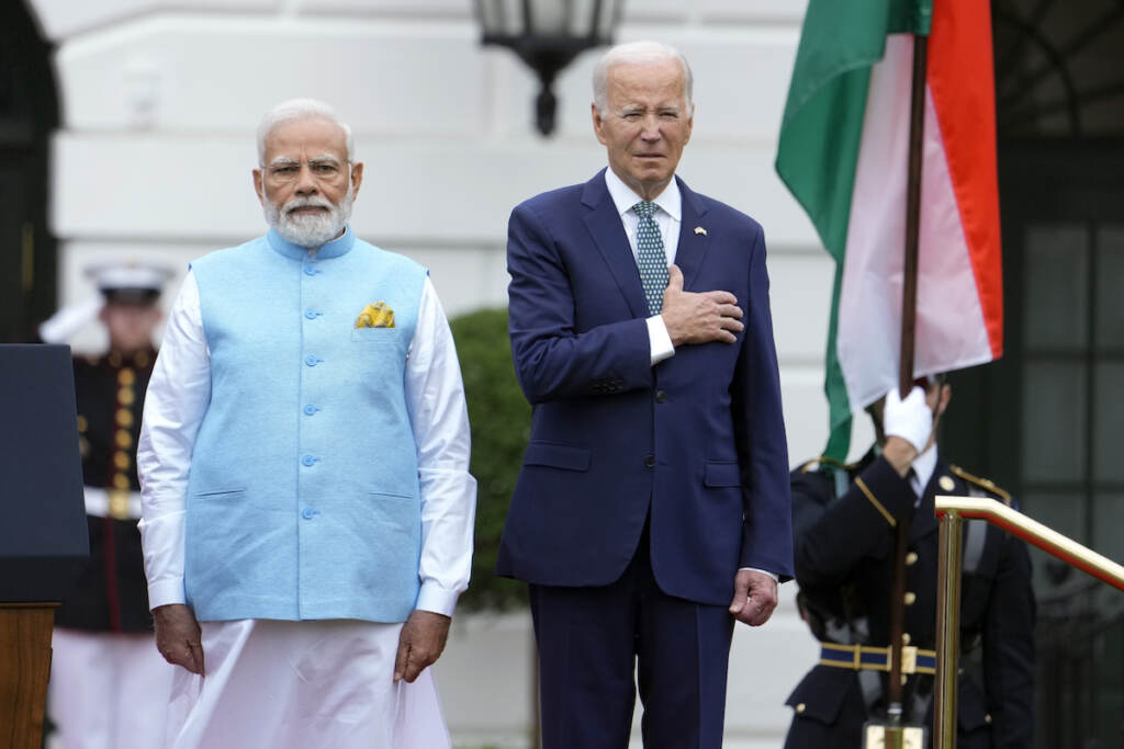 Narendra Modi,Joe Biden India's Prime Minister Narendra Modi stands with President Joe Biden during a State Arrival Ceremony on the South Lawn of the White House Thursday, June 22, 2023, in Washington