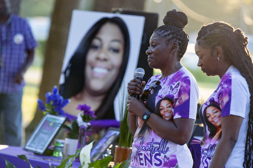 Ajike Owens Pamela Dias (second from right) remembers her daughter, Ajike Owens, as mourners gather for a remembrance service at Immerse Church of Ocala for Owens, June 8, 2023, in Ocala, Fla.