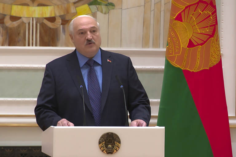 This handout photo taken from video released Tuesday, June 27, 2023 by Belarus' Presidential Press Office, shows Belarusian President Alexander Lukashenko delivering his speech during a ceremony presenting the general's epaulettes in Minsk. President Alexander Lukashenko, a close Putin ally who brokered a deal with Prigozhin to stop the uprising, didn't immediately address Prigozhin's fate in a speech Tuesday. Lukashenko framed the insurrection by Wagner as a significant threat, saying he placed Belarus' armed forces on a combat footing as the mutiny unfolded
