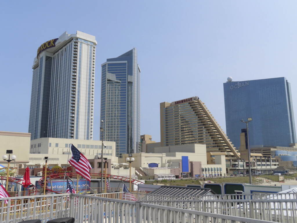 Internet Gambling NJ The Hard Rock casino (left) Showboat hotel (center) and Ocean casino (right) are shown on June 15, 2023 in Atlantic City,
