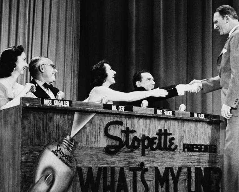 What's My Line. From left panel members are: Dorothy Kilgallen, Bennett Cerf, Arlene Francis, and Hal Block.  (AP Photo/Marty Lederhandler)