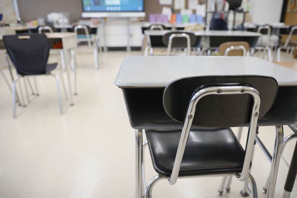 Desks are shown in a classroom Desks are shown in a classroom (Tim Tia/Philadelphia Inquirer)