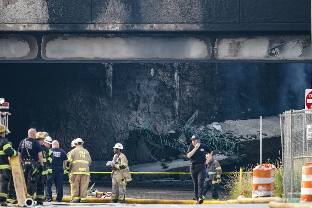 IMG_6217 Crews work to contain a tanker fire underneath an Interstate 95 overpass in Philadelphia on Sunday, June 11, 2023