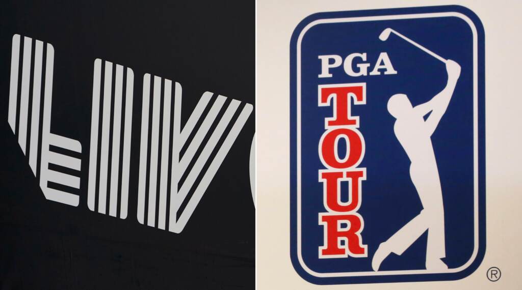 LIV PGA 2 box_ Signage for LIV Golf is displayed during the pro-am round of the Bedminster Invitational LIV Golf tournament in Bedminster, NJ. and The PGA Tour logo is shown during a press conference in Tokyo.
