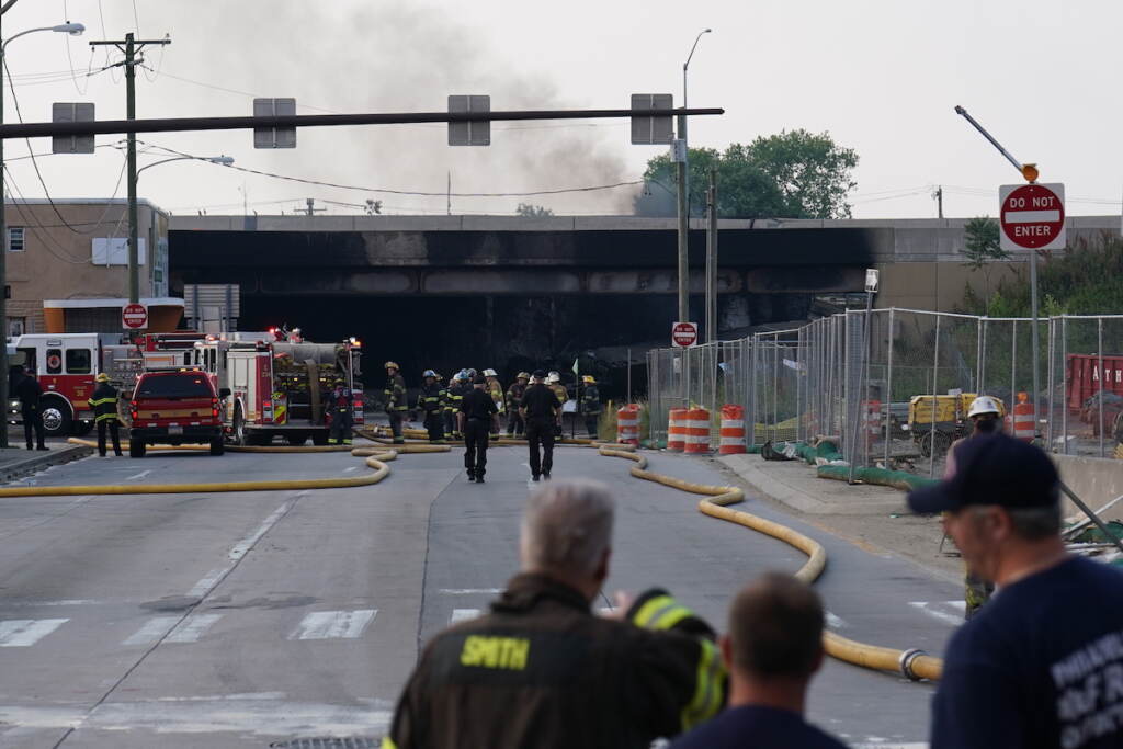 Interstate 95 Fire and Collapse First responders work to extinguish a vehicle fire, Sunday June 11, 2023, that caused an overpass on I-95 to collapse near the Cottman Avenue exit