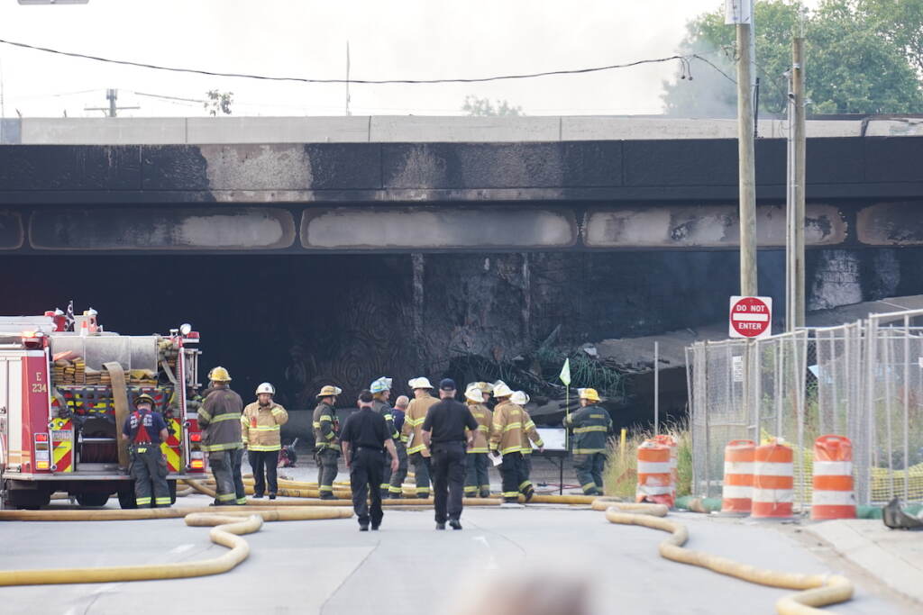 Interstate 95 Fire and Collapse First responders work to extinguish a vehicle fire, Sunday June 11, 2023, that caused an overpass on I-95 to collapse near the Cottman Avenue exit