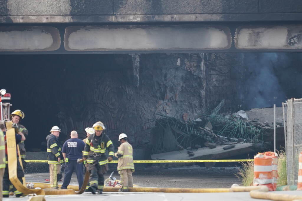 Interstate 95 Fire and Collapse First responders work to extinguish a vehicle fire, Sunday June 11, 2023, that caused an overpass on I-95 to collapse near the Cottman Avenue exit