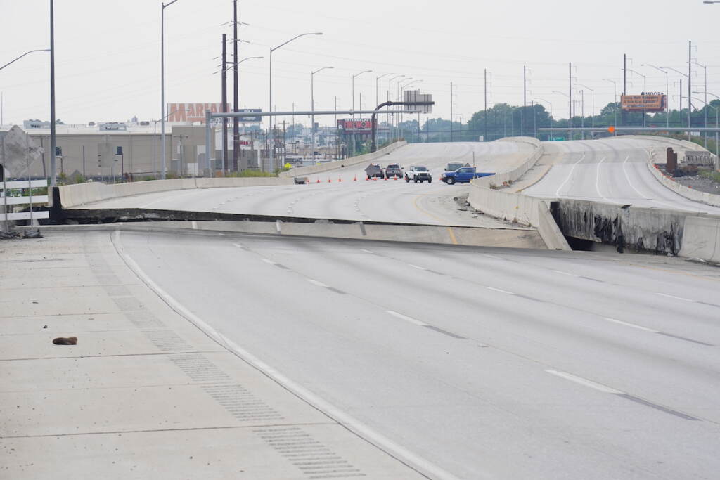 An empty, closed to traffic Interstate 95, is seen on Sunday June 11, 2023, after a vehicle fire caused an overpass on I-95 to collapse near Cottman Avenue. (Joseph Kaczmarek for WHYY)