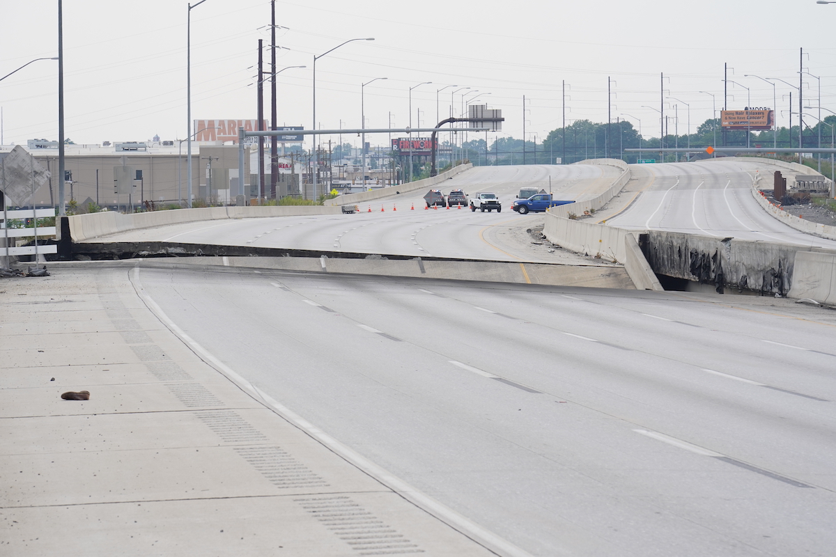 An empty, closed to traffic Interstate 95, is seen on Sunday June 11, 2023, after a vehicle fire caused an overpass on I-95 to collapse near Cottman Avenue. (Joseph Kaczmarek for WHYY)
