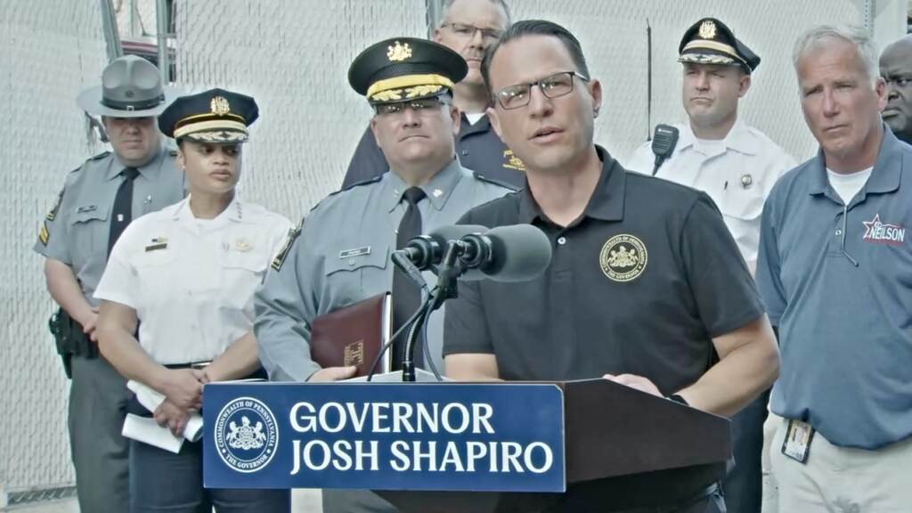 Screen Shot 2023-06-11 at 5.24.02 PM Pa. Gov. Josh Shapiro speaks at a press conference Sunday June 11, 2023, after a vehicle fire caused an overpass on I-95 to collapse. (Screenshot/Office of the Governor)