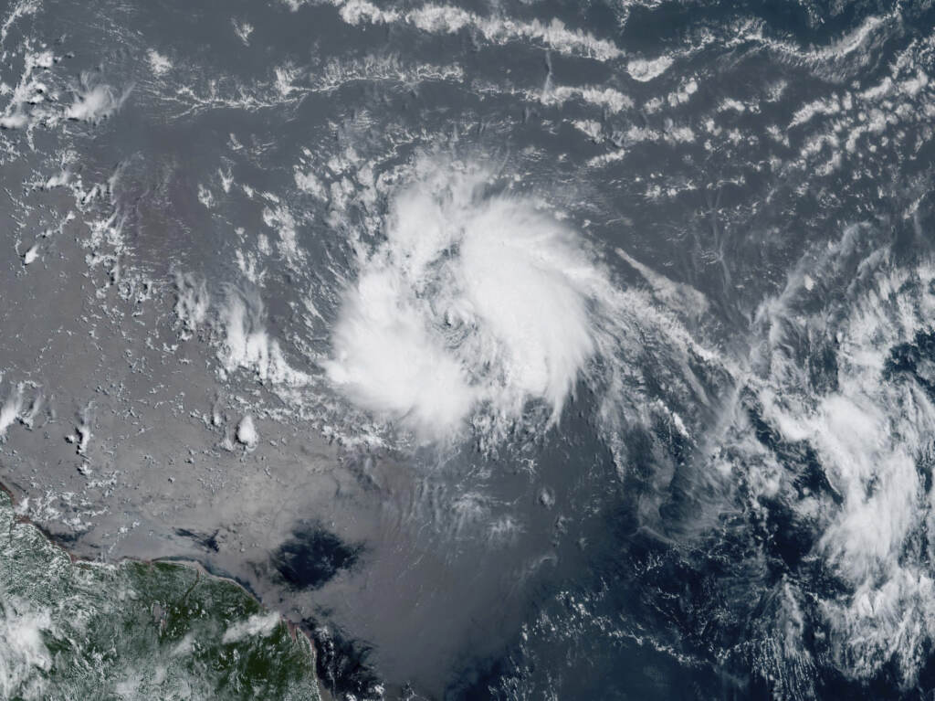 This satellite image taken on Tuesday shows Tropical Storm Bret chugging westward toward the eastern Caribbean. This satellite image taken on Tuesday shows Tropical Storm Bret chugging westward toward the eastern Caribbean.