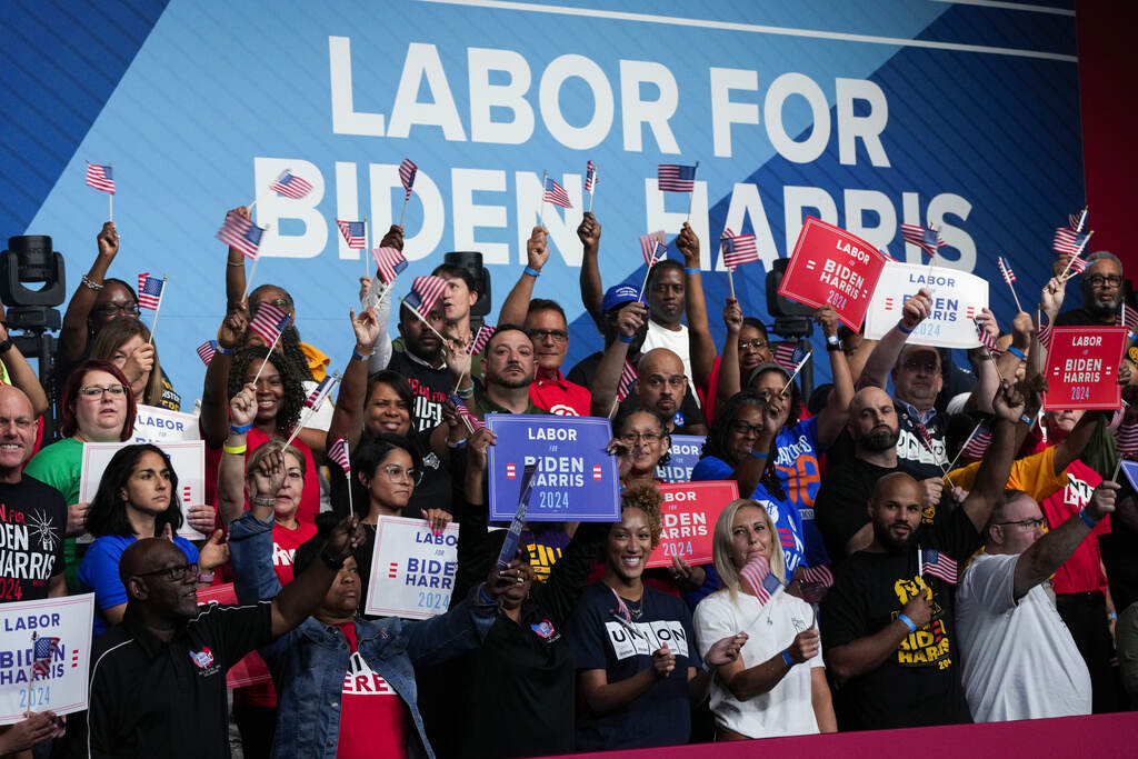 People cheer, holding signs advertising their support for Joe Biden and Kamala Harris in 2024.