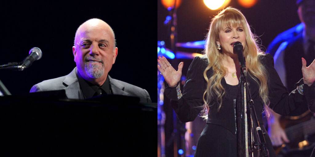 Left, Billy Joel performs in concert; right, Stevie Knicks performs in concert, standing at a microphone.