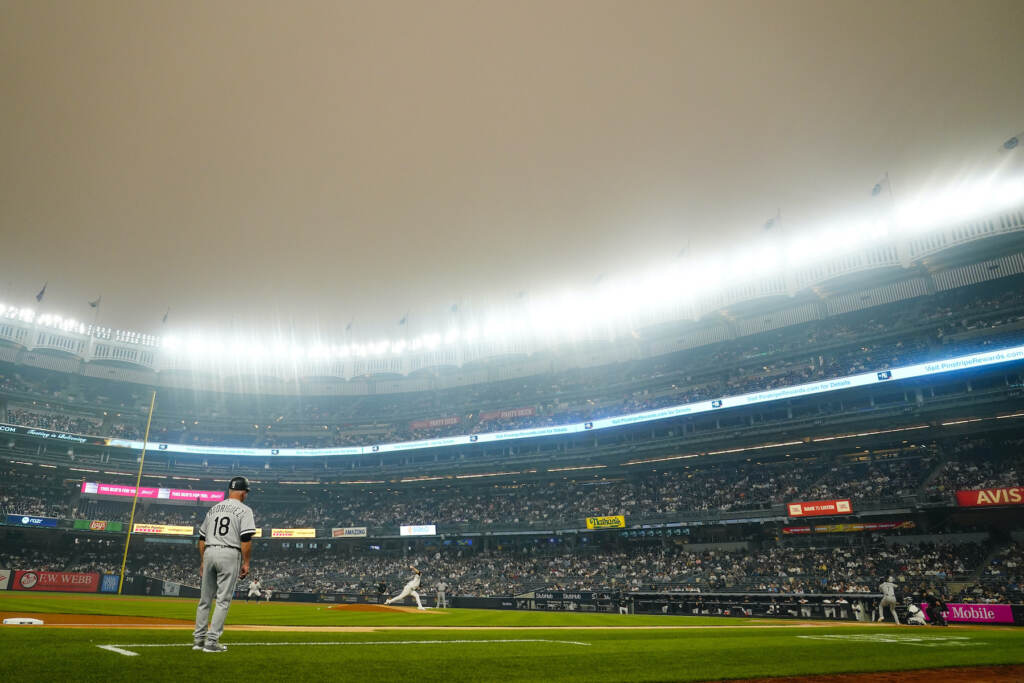 White Sox Yankees Baseball Haze over the baseball stadium.