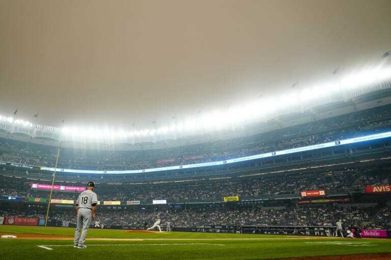 Haze over the baseball stadium.