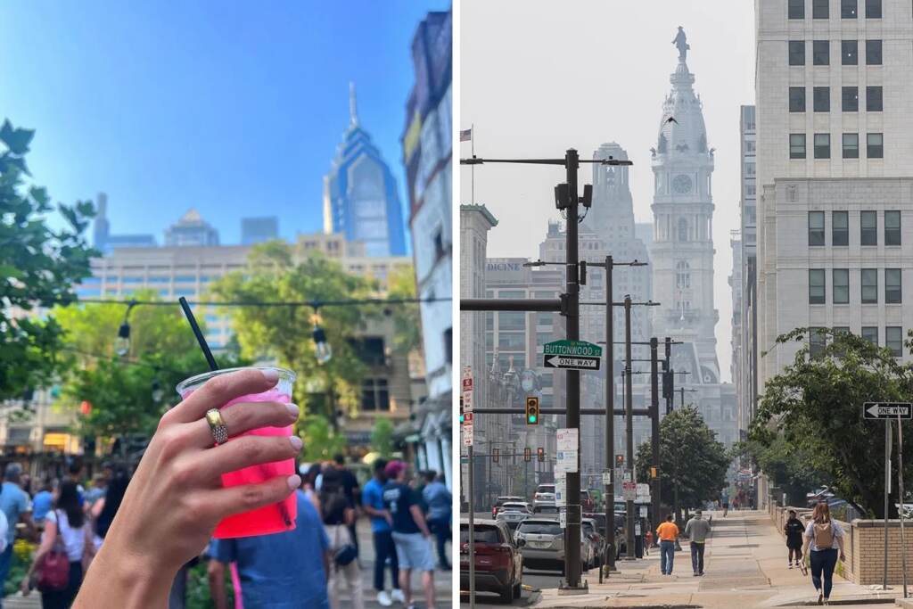 On the left, an up-close photo of someone holding a drink. On the right, a photo of a hazy Philadelphia skyline.