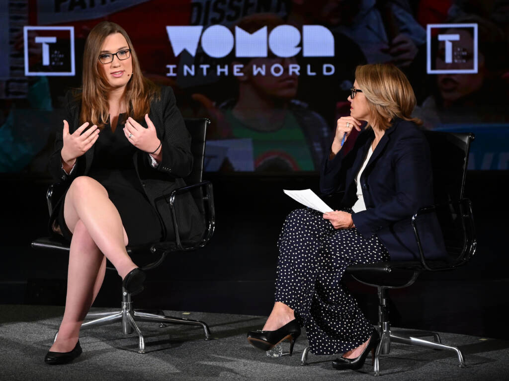 Sarah McBride and Katie Couric speak onstage during the Women In The World summit on April 11, 2019 in New York City. Sarah McBride and Katie Couric speak onstage