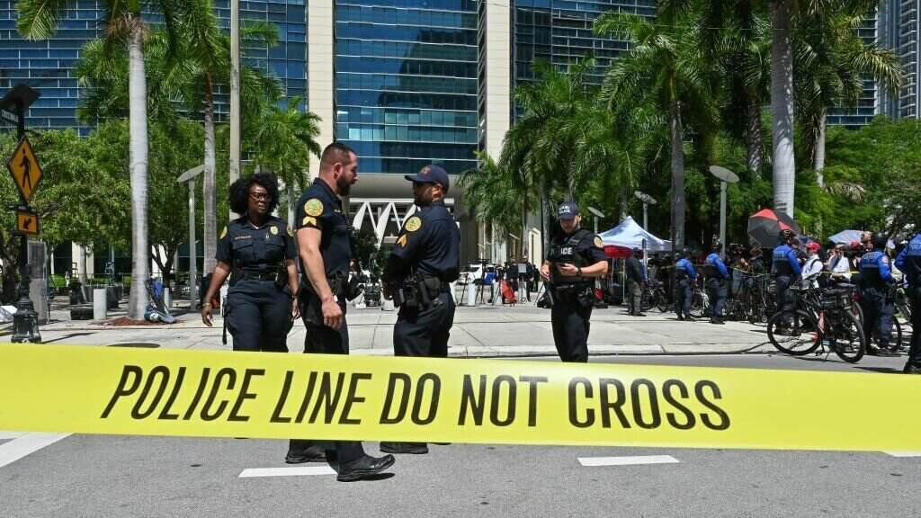 US-JUSTICE-POLITICS-TRUMP Police officers are pictured outside the Wilkie D. Ferguson Jr. United States Courthouse before the arraignment of former President Donald Trump in Miami on Tuesday
