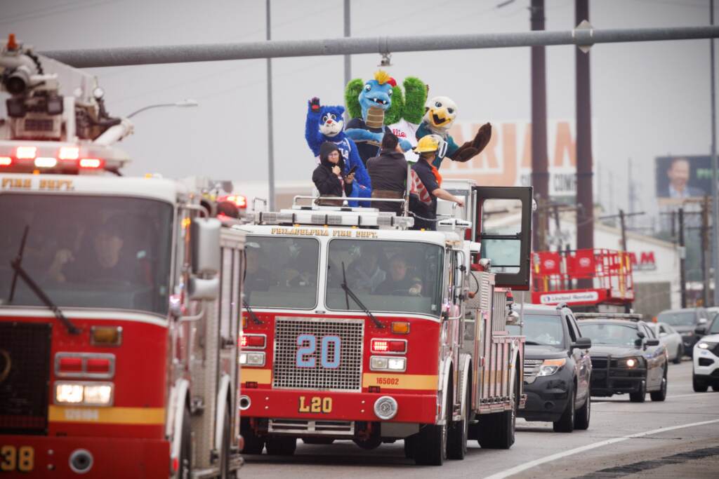 i95highway-reopening-08-scaled Philadelphia sports mascots ride over the new patch connecting I-95. Governor Josh Shapiro and PennDOT Secretary Mike Carroll officially reopened six lanes of traffic on I-95 after the deadly fire and collapse of the roadway on Friday, June 23, just 12 days prior
