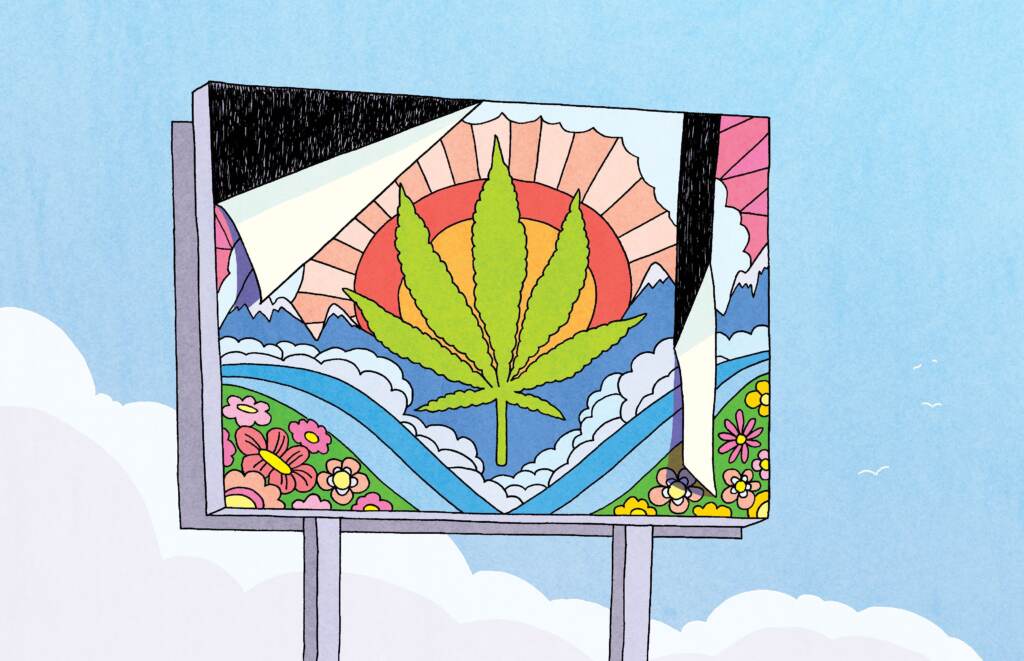 marijuana-ads-spotlight-pa-2023-06-28 Illustration showing a billboard with a marijuana ad on it.