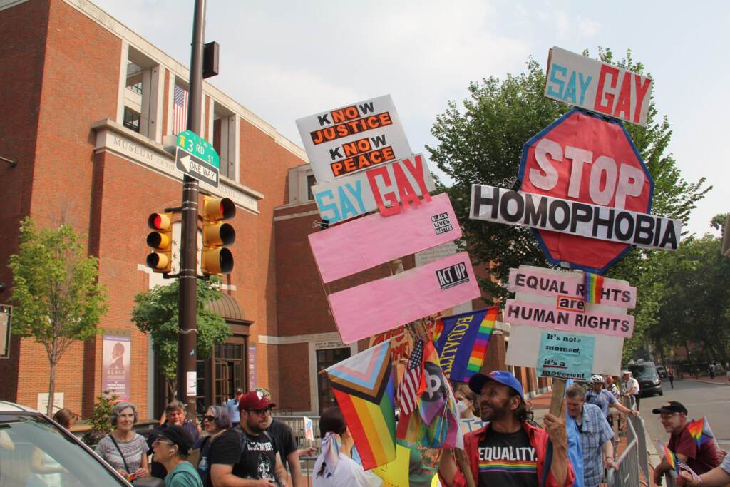 momsforliberty-protest-gayrights-scaled Protesters brought signs to a Thursday action decrying this weekend's Moms For Liberty Summit in Philadelphia