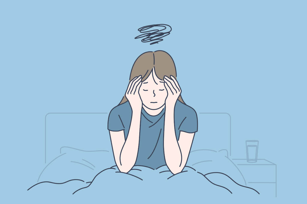 Fatigued and exhausted girl holding head.(Big Stock Image/LogotypeVector)