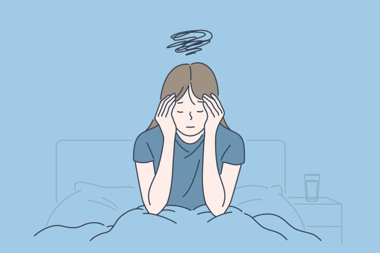 Fatigued and exhausted girl holding head.(Big Stock Image/LogotypeVector)