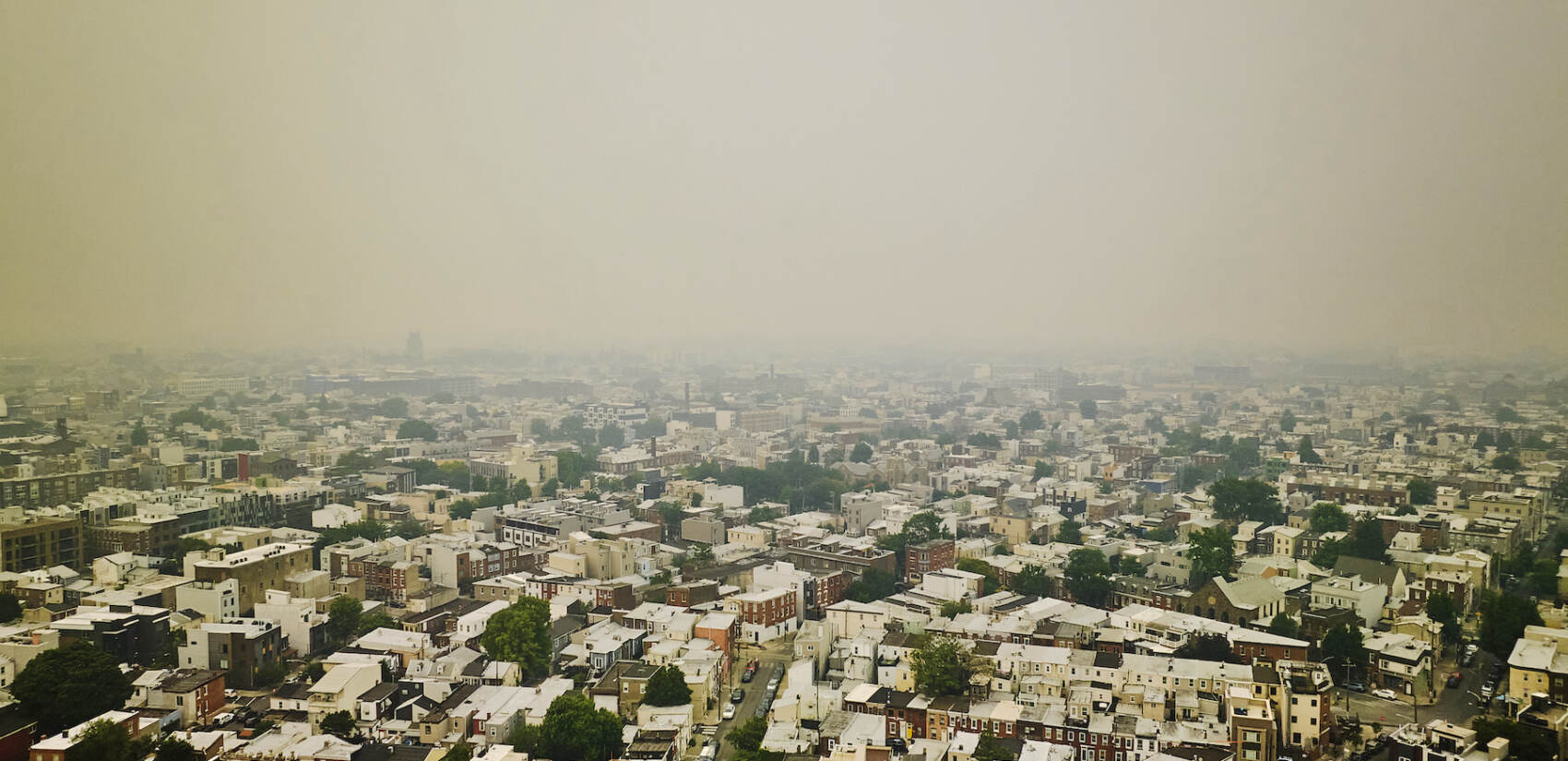 Haze covers Philadelphia, as seen from an aerial view