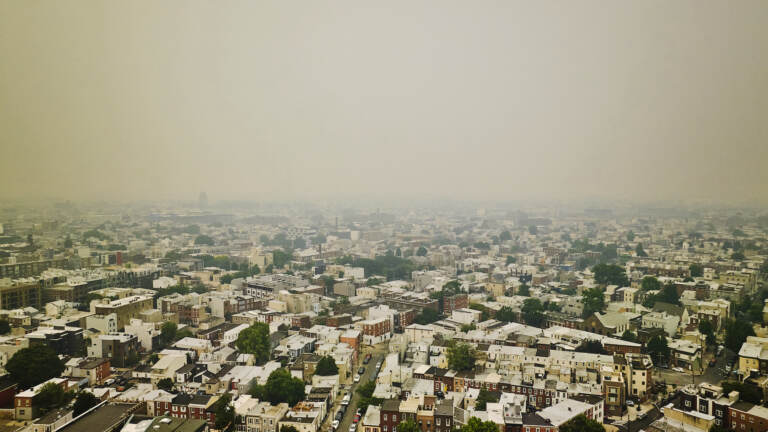 Haze covers Philadelphia, as seen from an aerial view
