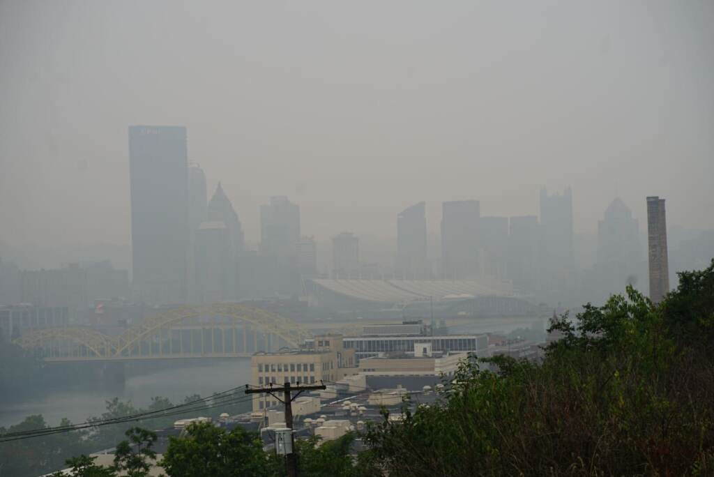 pittsburg-air-quality-code-red-062823 Smoke and haze from the Canadian wildfires hang over Pittsburgh on June 28, 2023.